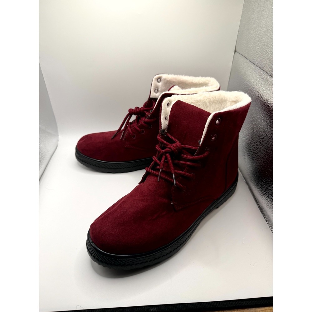 E03 Boots Womens 44 Eu Snow Boot Burgundy Suede Faux Fur‎ Ankle Round Toe Winter